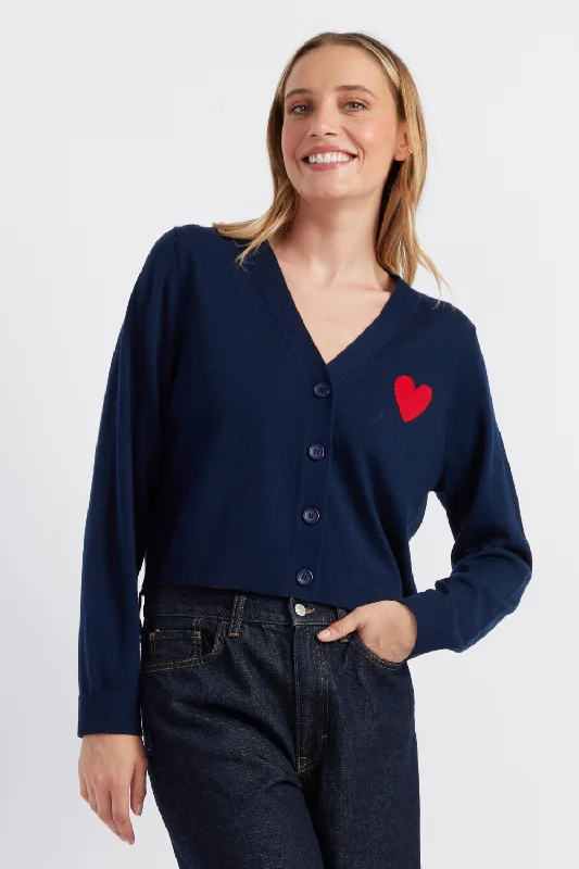 Unbeatable Deal Navy Merino Heart Breton Cardigan
