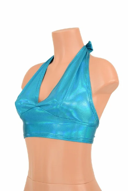 Weekend Bargains Await You Darted Tie Back Halter in Peacock Holographic