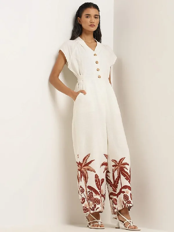 Weekend Discounts to Snag LOV Off-White Printed Blended Linen Jumpsuit