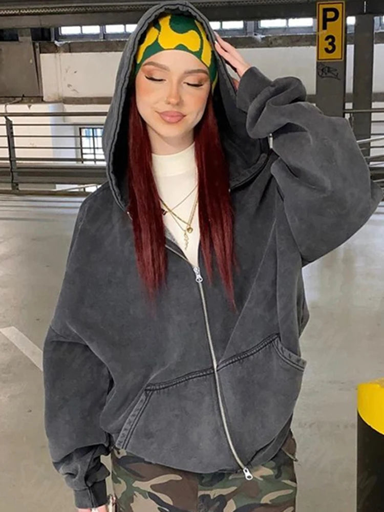Weekend Savings Bonanza Aesthetic Retro Washed Zipper Long Sleeve Oversized Zip Up Hoody