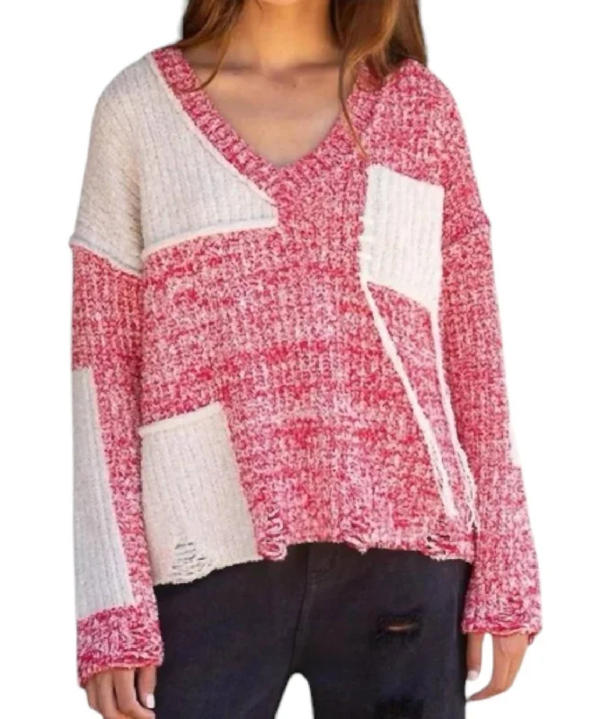 Low Prices Long Sleeve Oversize Sweater In Red/white