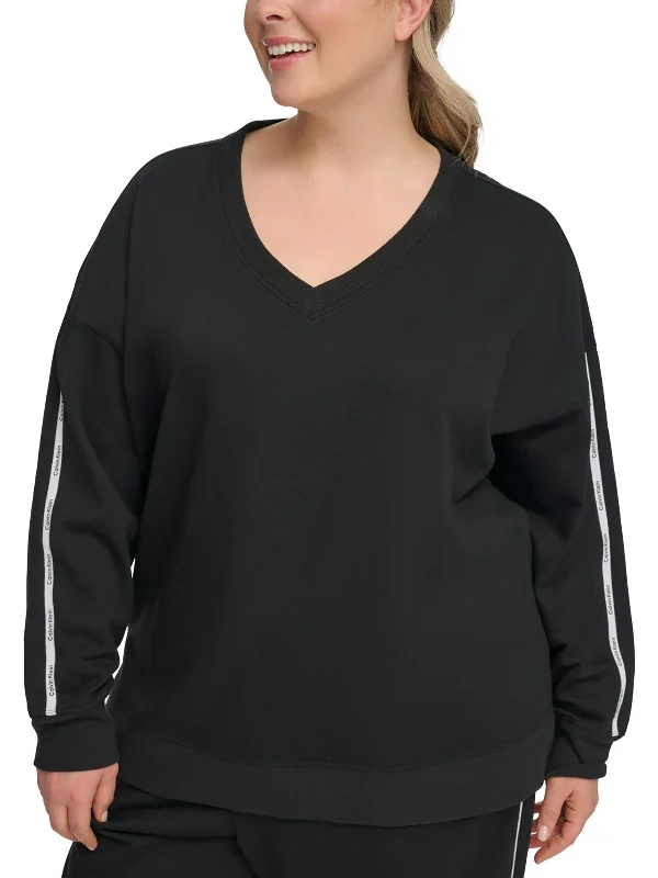 Weekend Discounts You Deserve Plus Womens Cotton Logo Tape V-Neck Sweater