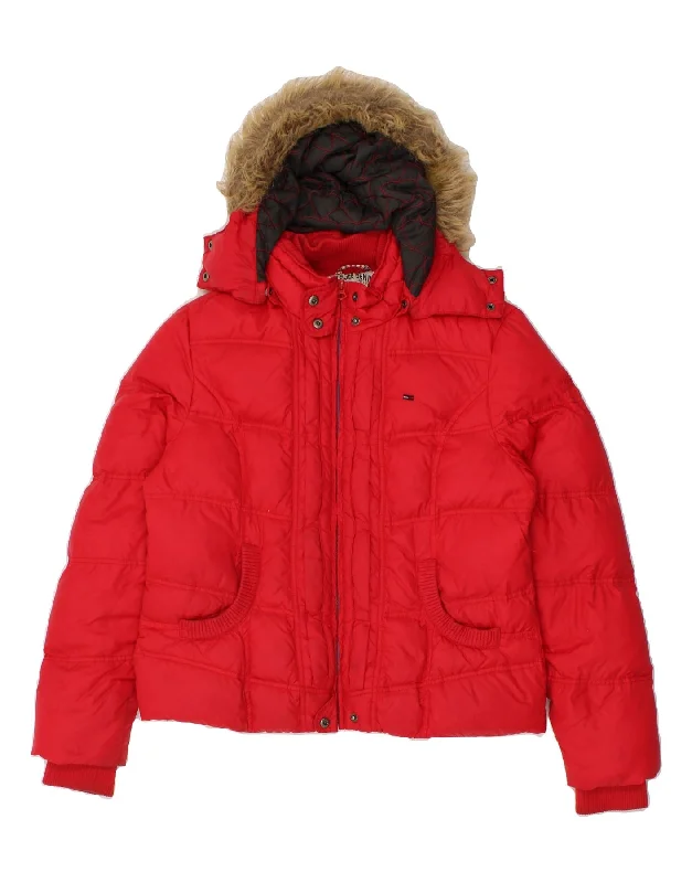 Amazing Deals TOMMY HILFIGER Womens Hooded Padded Jacket UK 18 XL Red Polyester