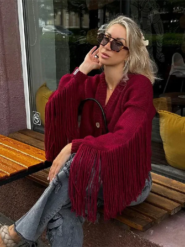Best Seller Tassels Patchwork Wine Red Knitted Cardigan Christmas Sweater