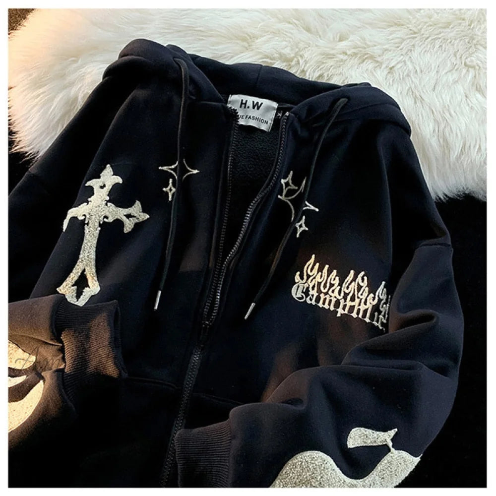 Weekend Deal Amy Fashion - Y2k Rhinestone Skeleton Goth Hoodie