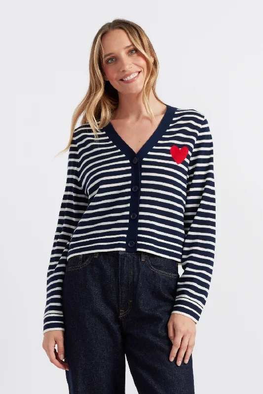 Act Fast Navy-Cream Merino Heart Breton Cardigan