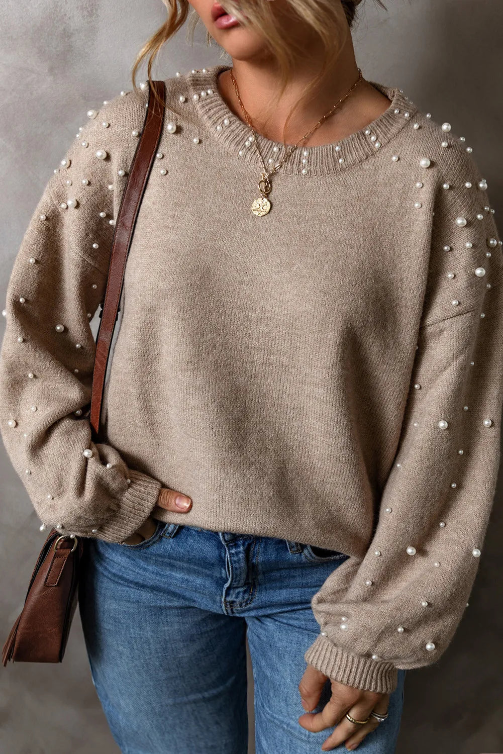 Super Sale Pearl Detail Round Neck Long Sleeve Sweater