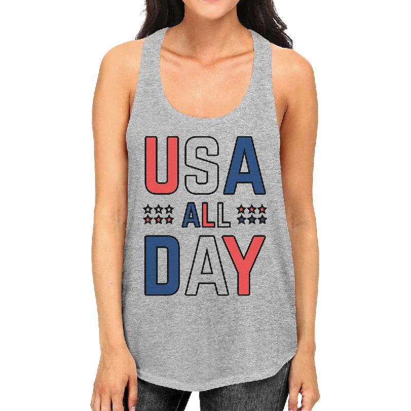 Super Sale USA All Day Cute Womens Cotton Tank Top Racerback Fourth of July