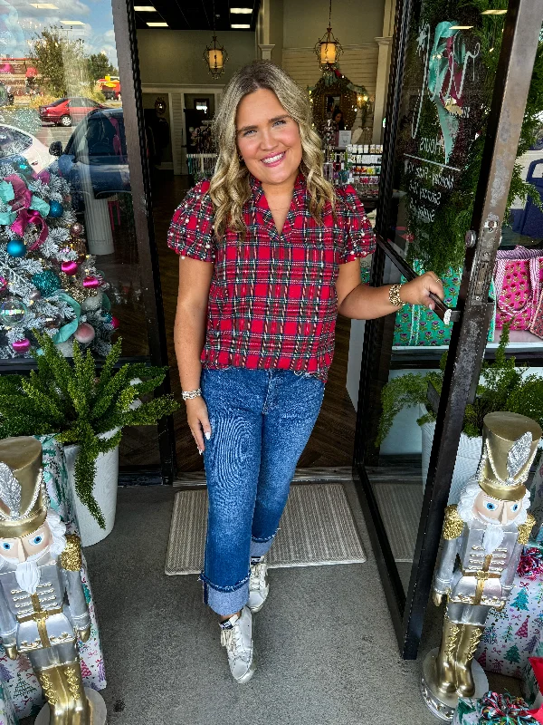 Steals and Deals Pearl Detail Xmas Plaid Top