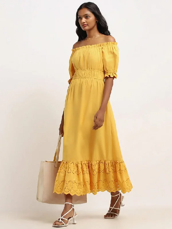 Weekend Discounts to Delight LOV Yellow Schiffli Cotton Off-Shoulder Maxi Dress