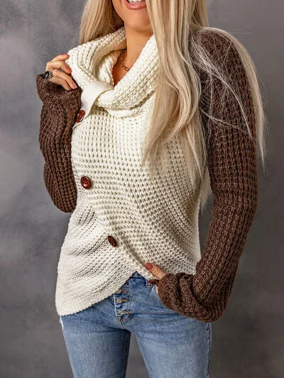 Limited Quantity Contrast Decorative Button Turtleneck Sweater