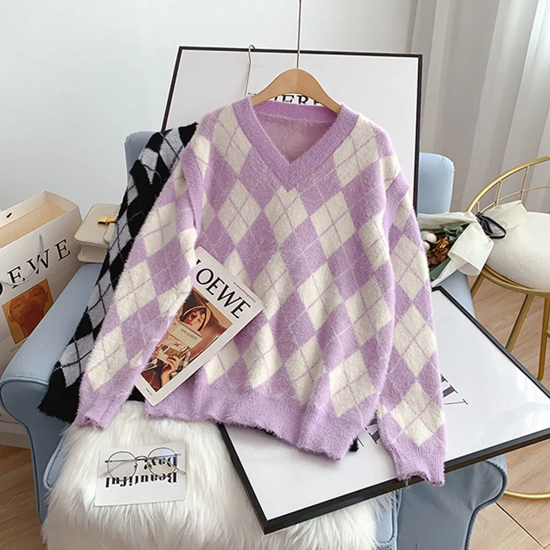 Hurry Up Sweet lazy wind imitation mink velvet checkered sweater  5006