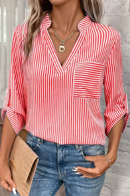 Weekend Offers That Shine Striped Notched Roll-Tab Sleeve Shirt