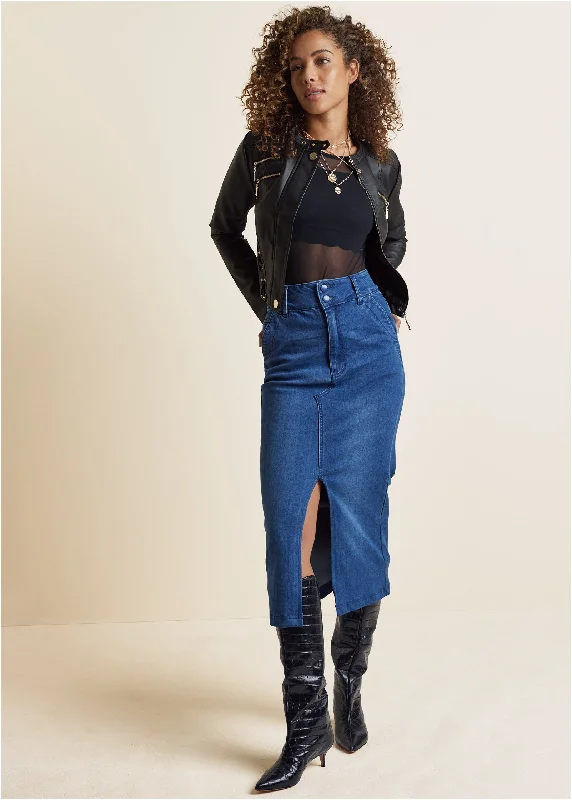 Shop Now Upcycled Denim Midi Skirt - Dark Wash