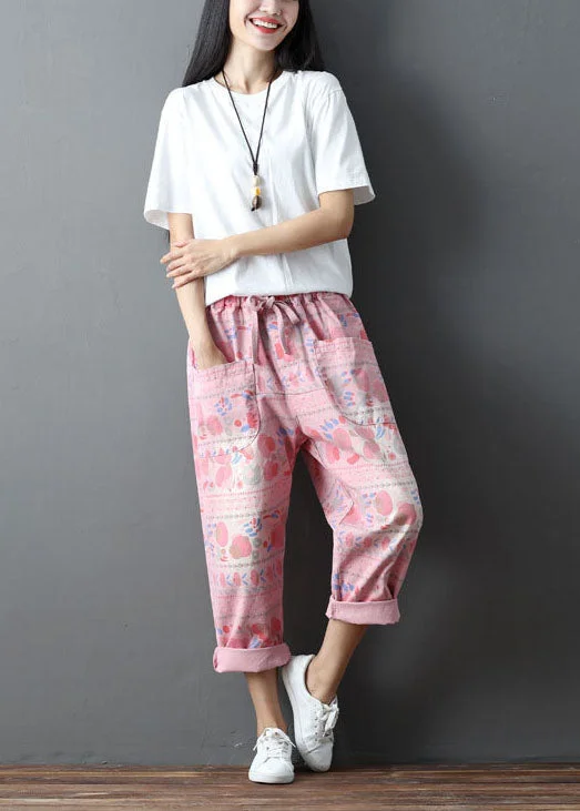 Mega Deal Fashion Pink Elastic Waist Print Pockets Cotton Harem Pants Spring