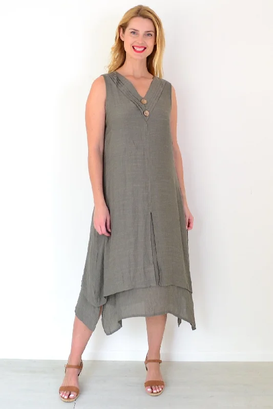 Super Bargain Khaki Sleeveless Coconut Button Tunic Dress