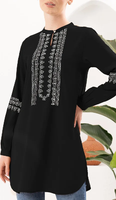 Online Exclusive Razia Embroidered Long Modest Tunic - Black