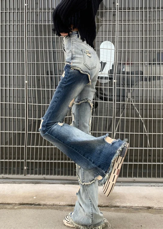 Early Bird Unique Blue Hole Pockets High Waist Denim Pants Spring