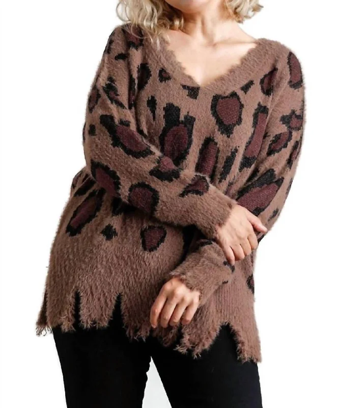 Take Action Fuzzy Leopard Sweater In Mocha