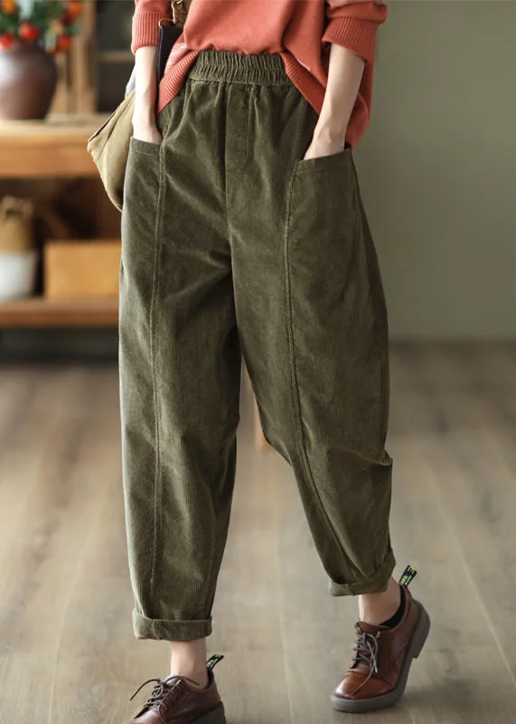 Weekend Deal Plus Size Green Pockets Patchwork Corduroy Pants Fall
