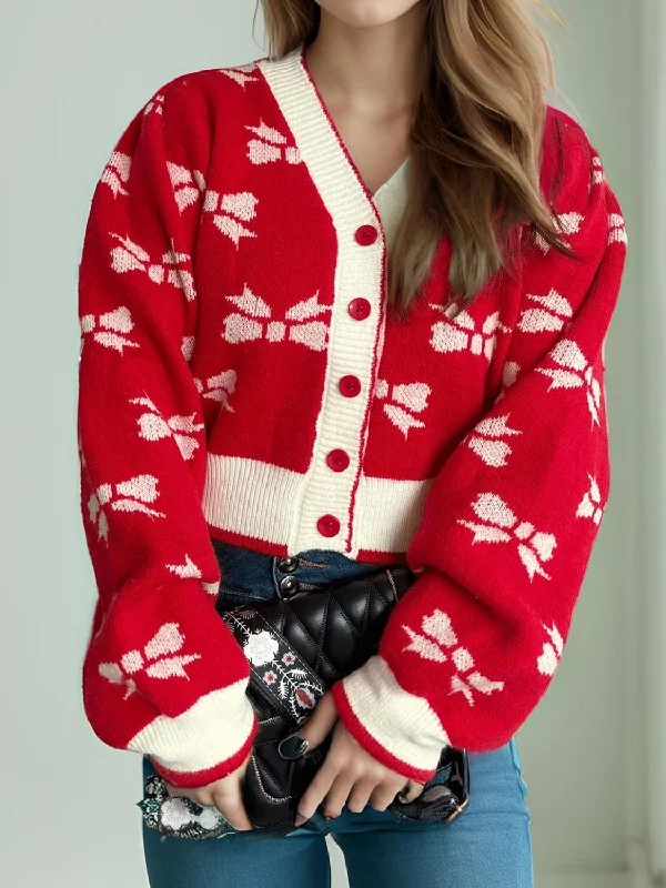 Best Deals Bow V-Neck Button Down Long Sleeve Cardigan