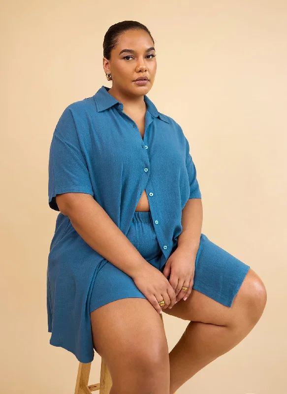 Weekend Bargains to Sizzle Clio Linen Button Front Collared Blouse - Cadet Blue