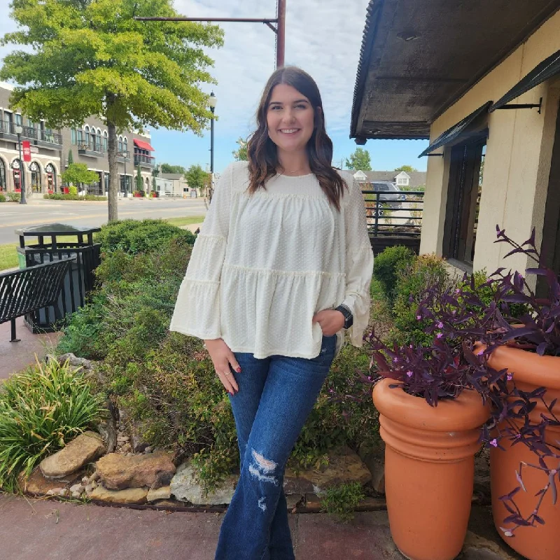 Act Fast Tiered Swiss Dot Bell Sleeve Top