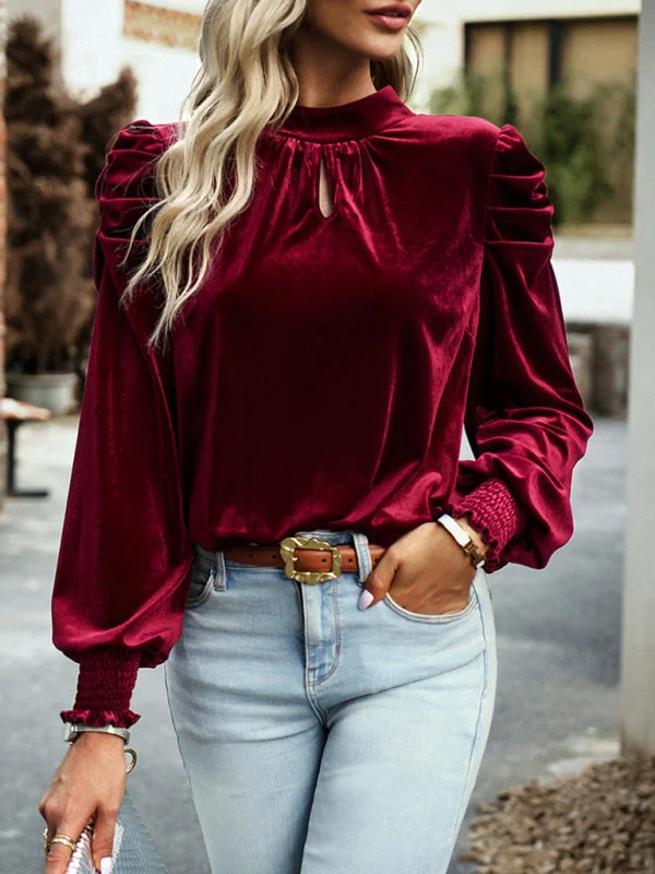 Today’s Deal Women's Velvet Turtleneck Bow Puff Sleeve Top