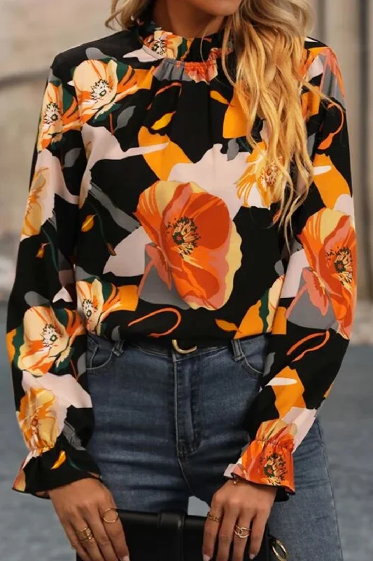 Massive Deals Floral Mock Neck Flounce Sleeve Blouse