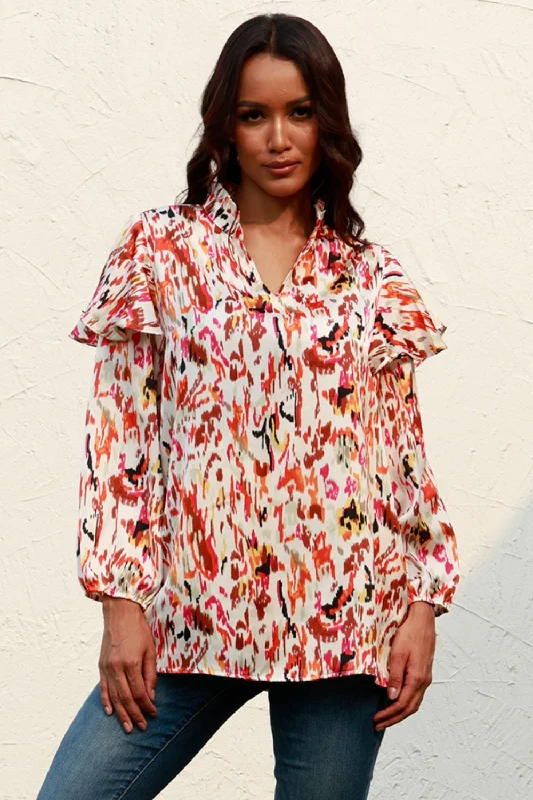 Instant Discount Printed Nochted Neck Ruffled Blouse
