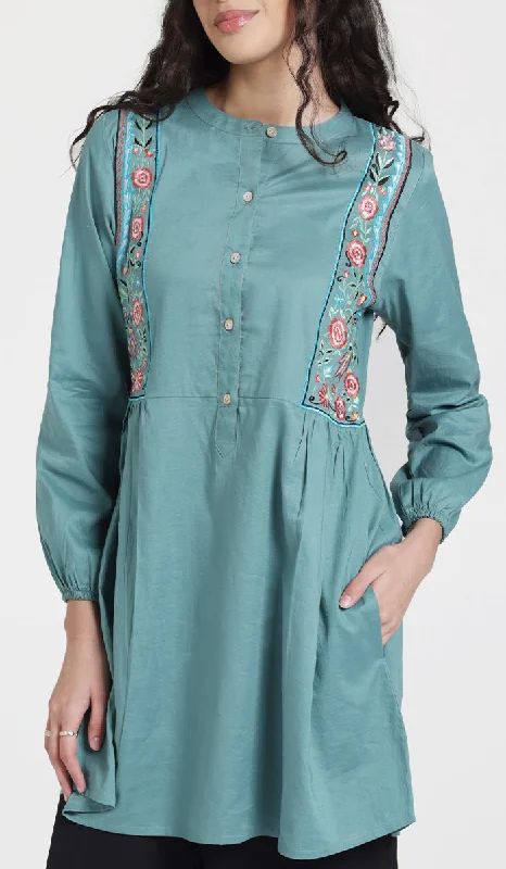 Your Weekend, Your Savings Marzo Embroidered Cotton Modest Buttondown Tunic - Sea green
