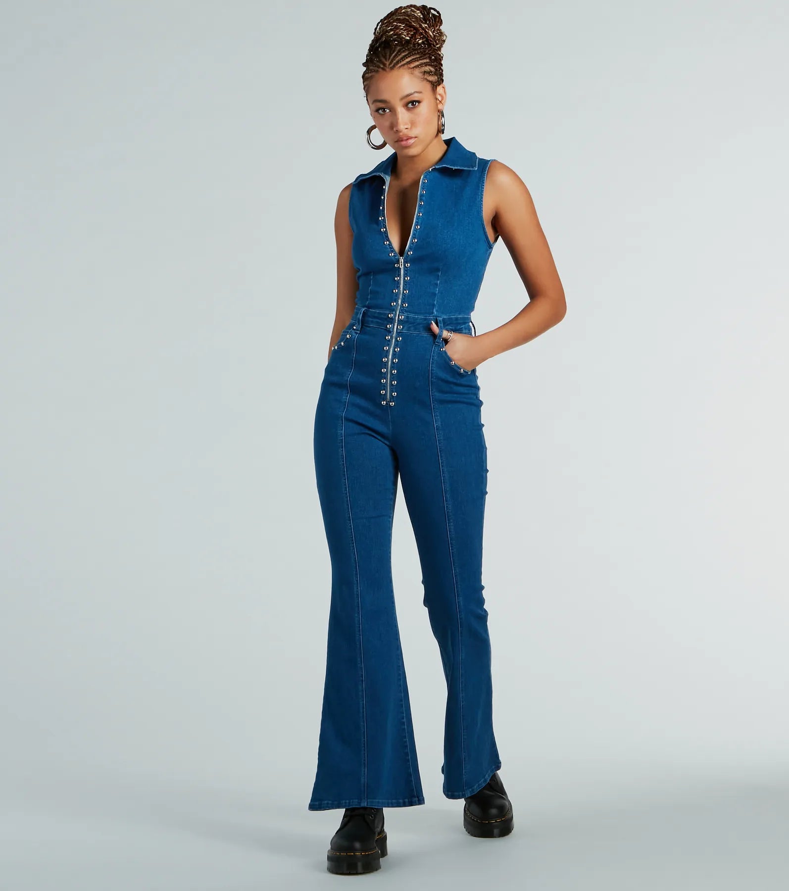 Exclusive Savings Retro Attitude Studded Flared-Leg Denim Jumpsuit