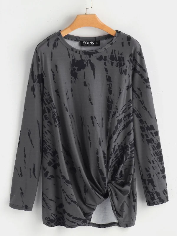 Can't Be Beat OEM ODM Round Neck Floral Print Crossed Front Long Sleeve Irregular Hem Grey T-Shirts