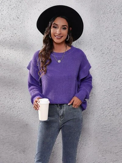 Final Clearance Ruffled Round Neck Dropped Shoulder Sweater
