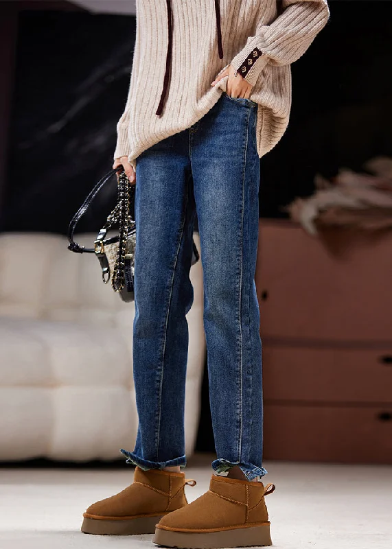 Super Discount Plus Size Denim Blue Pockets Elastic Waist Fleece Pants Spring