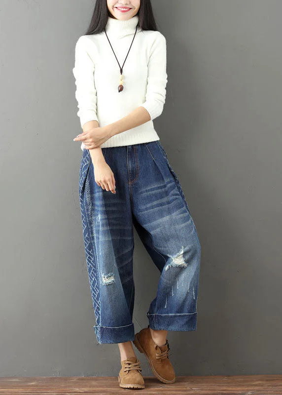 Seasonal Clearance Modern Blue Elastic Waist Oversized Cotton Wide Leg Pants Ripped Jeans Spring