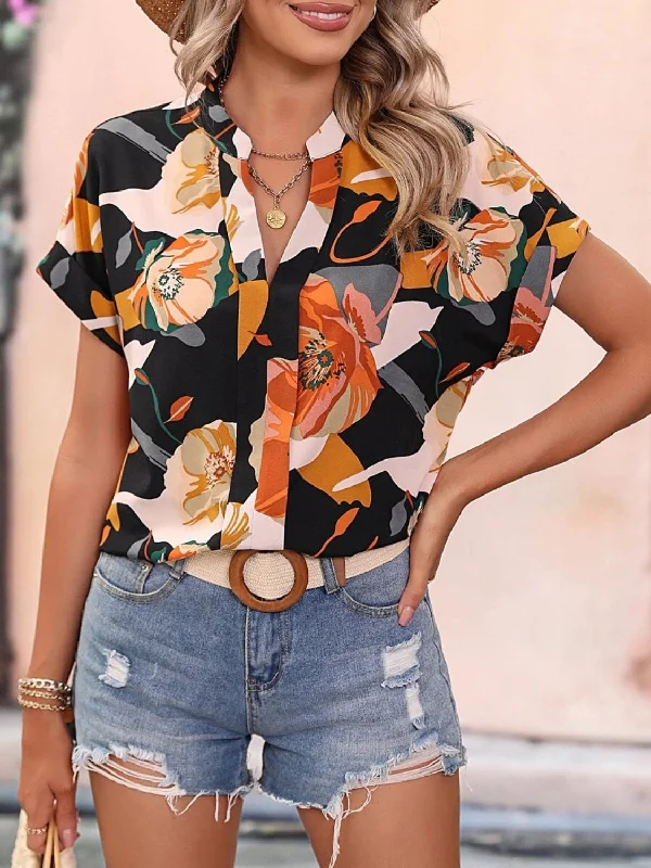 Weekend Sale: Don't Miss Out Printed Notched Short Sleeve Blouse