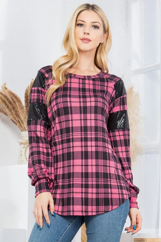 YEAR-End Sale Plaid Print Pullover with Sequin Foil Contrast