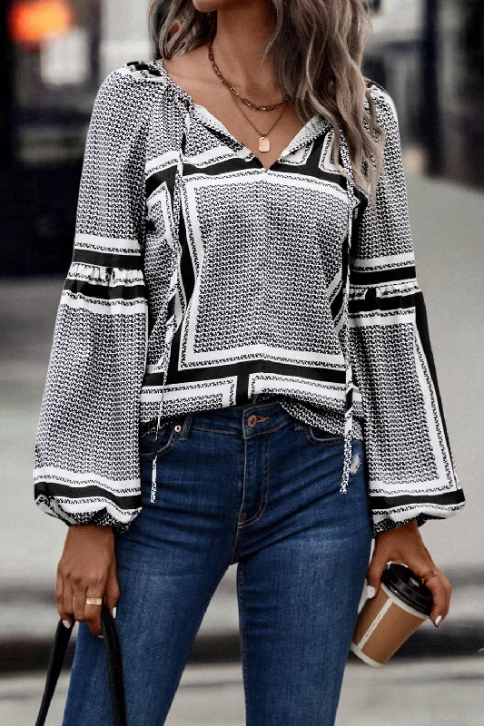 Lowest Rates Contrast Printed Tie Neck Balloon Sleeve Blouse