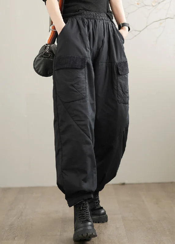 Online Specials Handmade Black Pockets Elastic Waist Fine Cotton Filled Pants Winter