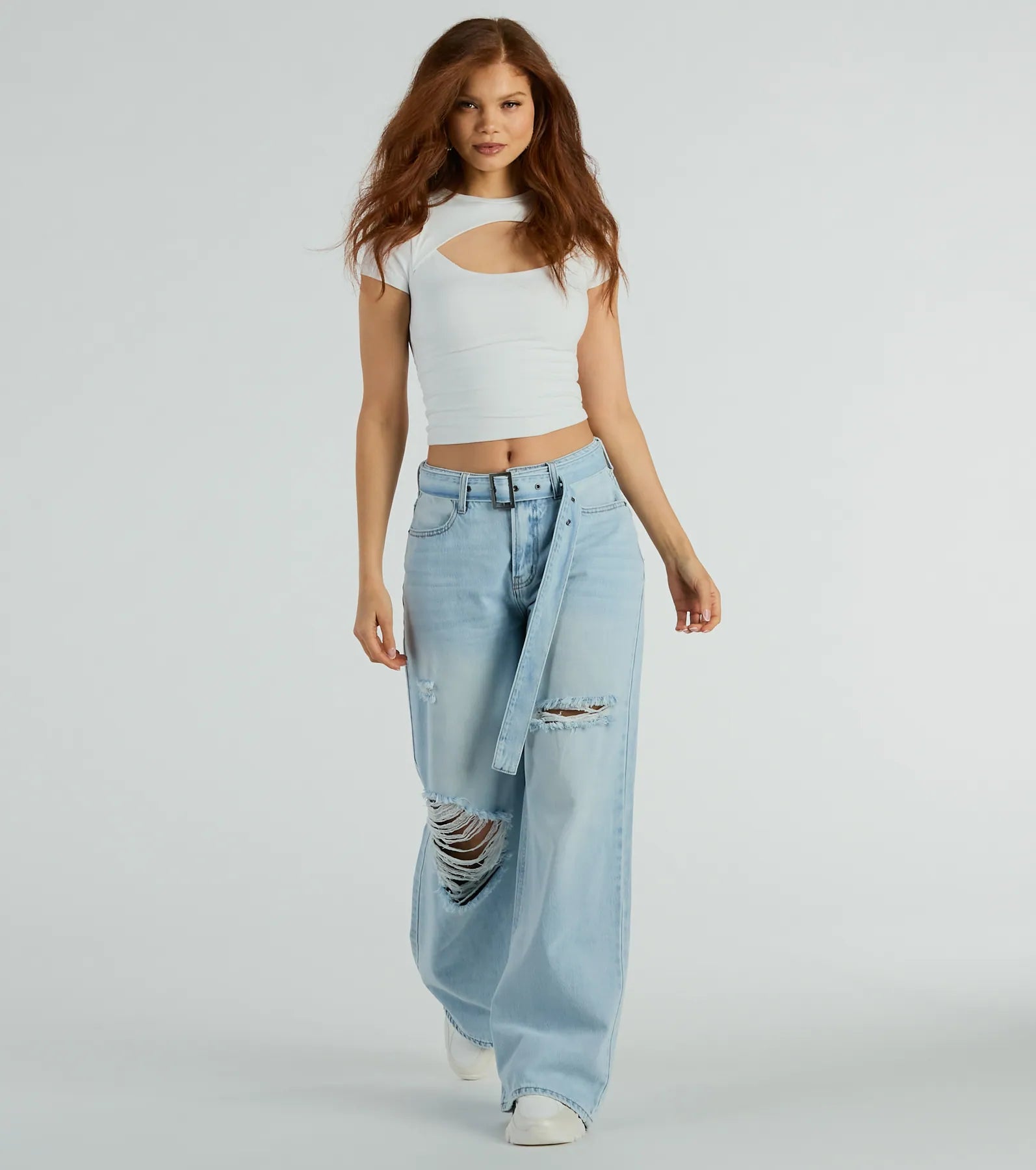 Don't Wait Cool Vibes High-Rise Belted Destructed Wide-Leg Jeans