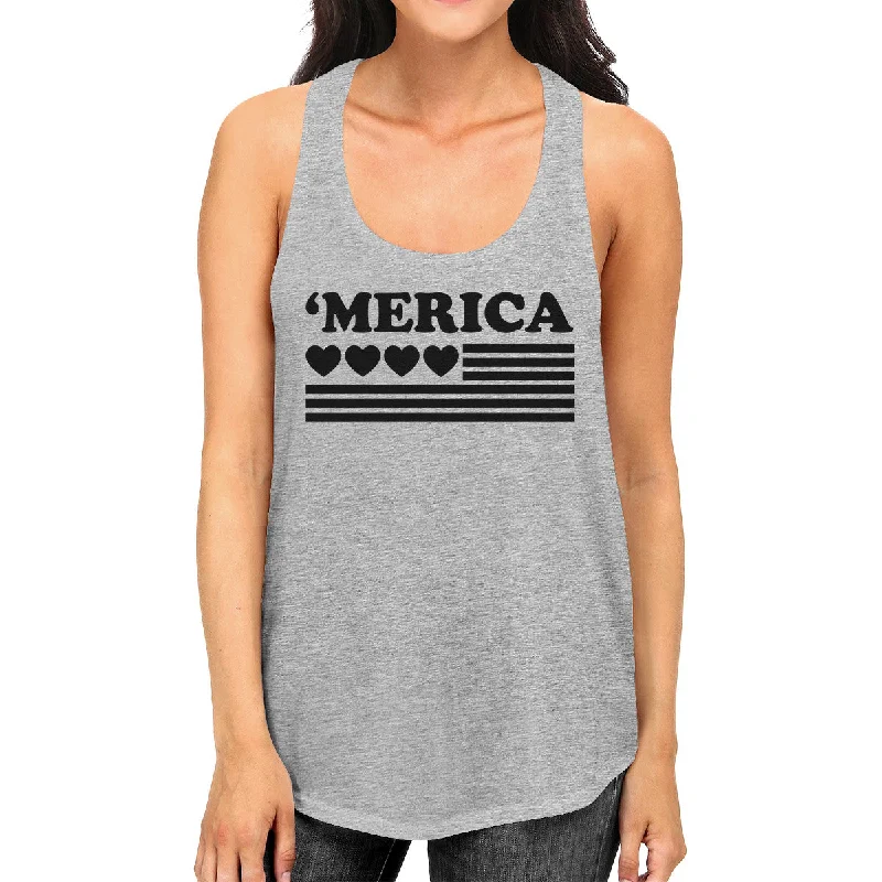 Limited Time Discount 'Merica Womens Black Heart American Flag Design Grey Racerback Tank