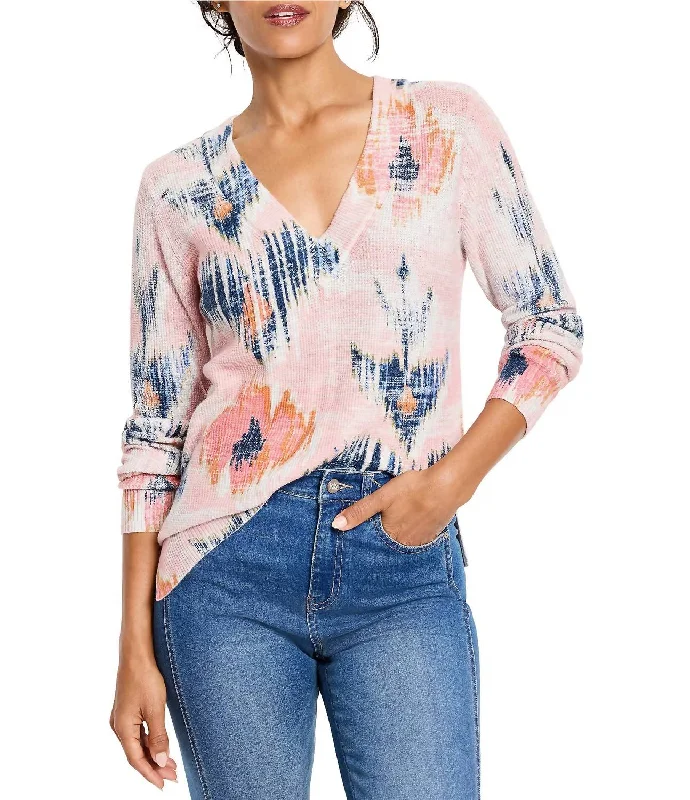 Super Savings Abstract Floral Waffle Stitch V-Neck Sweater In Pink Multi