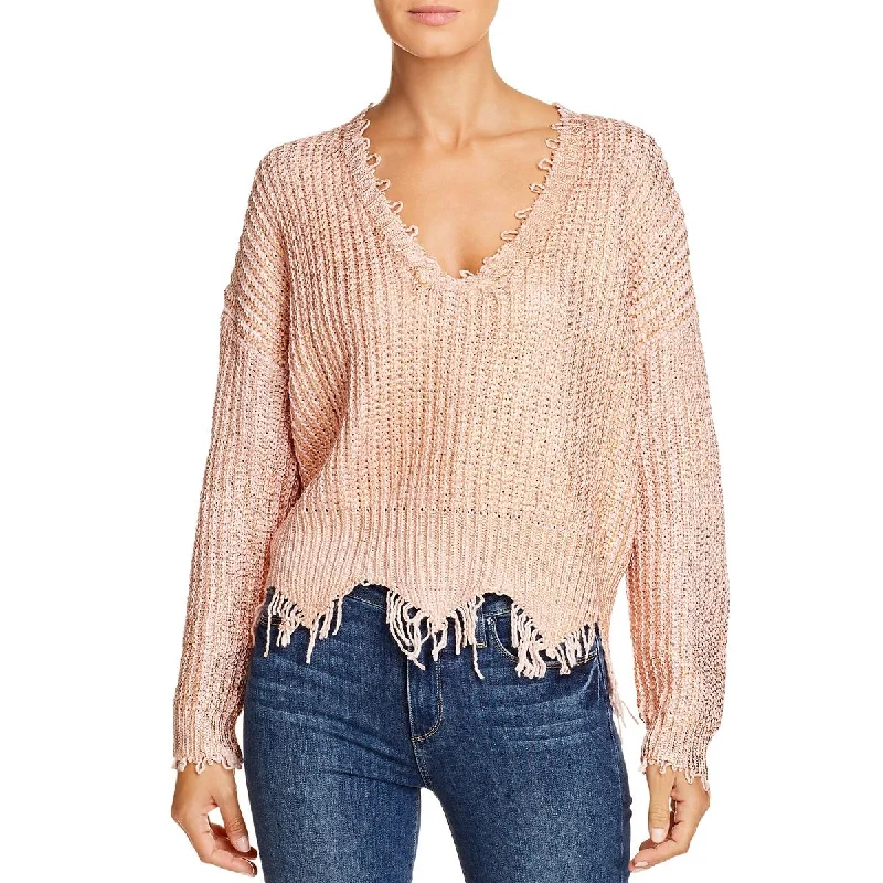 Weekend Special Womens Metallic Distressed V-Neck Sweater