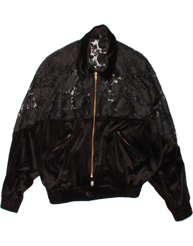 Early Access VINTAGE Womens Bomber Jacket UK 14 Large Black Floral