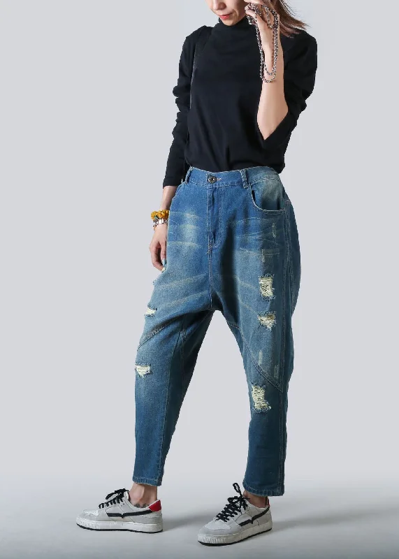 Weekend Savings Galore DIY Blue Patchwork Pockets Elastic Waist Harem Pants Spring