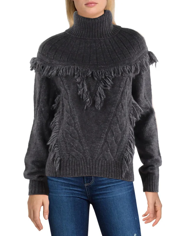 Quick Sale Womens Wool Blend Fringe Mock Turtleneck Sweater