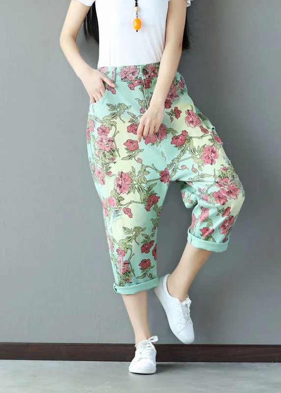 Can't Miss Light Green Print Cotton Pants High Waist Oversized Spring