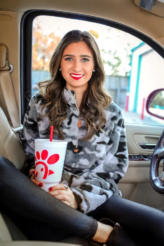 Weekend Bargains to Love Hunter Grey Camo Faux Fur Pullover