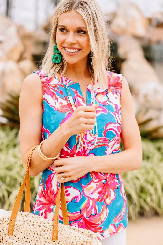 Savings Bonanza Colorful Crazy Teal Green Floral Tank